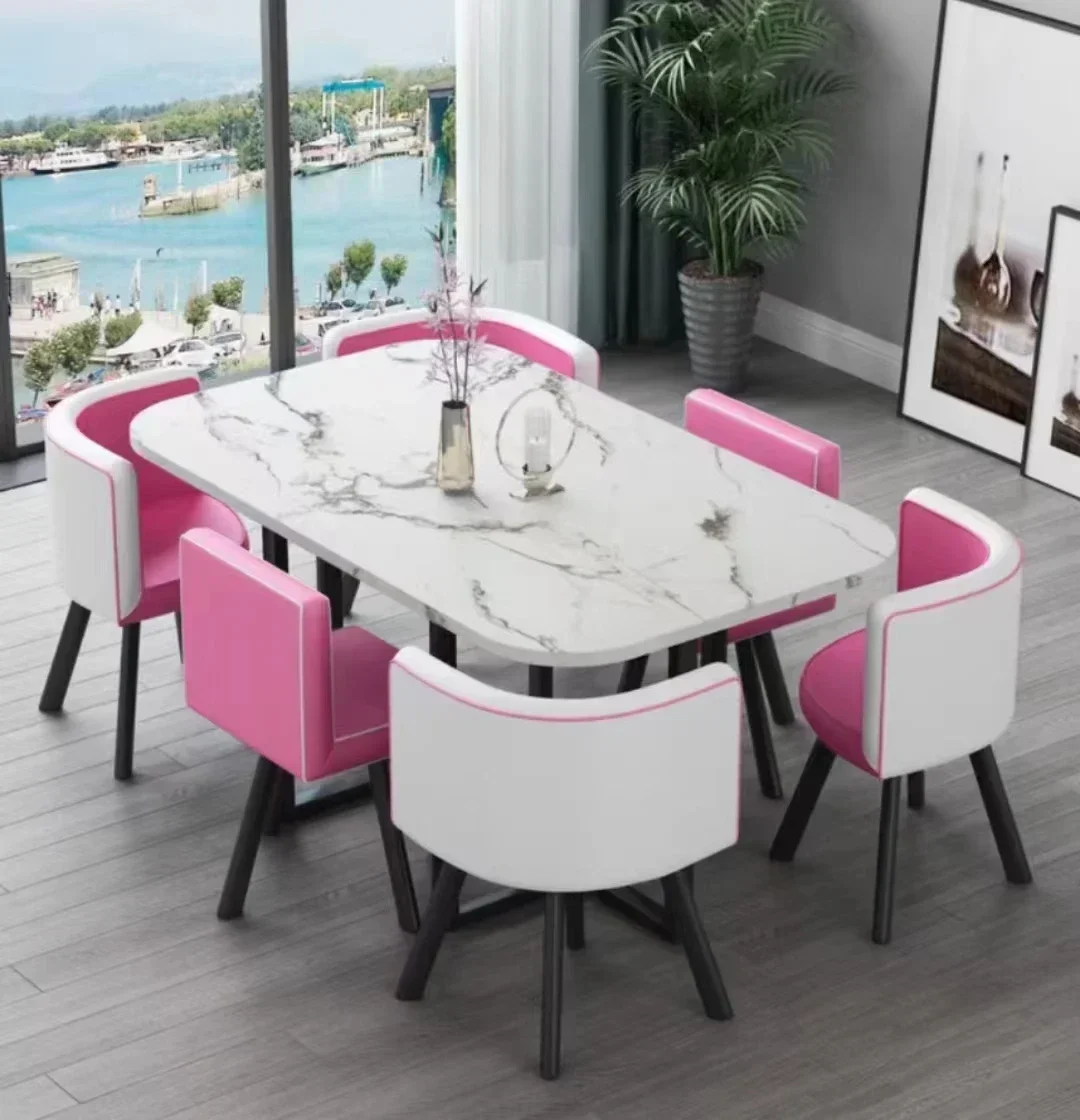 Modern Marble Top White Classic Dining Table Living Room with 6 Chairs Set