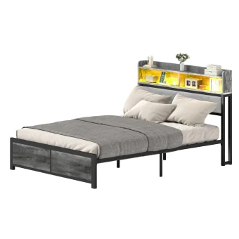 YITAHOME King Size Grey Bed Frame with LED Headboard, USB Ports & 2 Shelves - Metal Platform, No Box Spring Needed