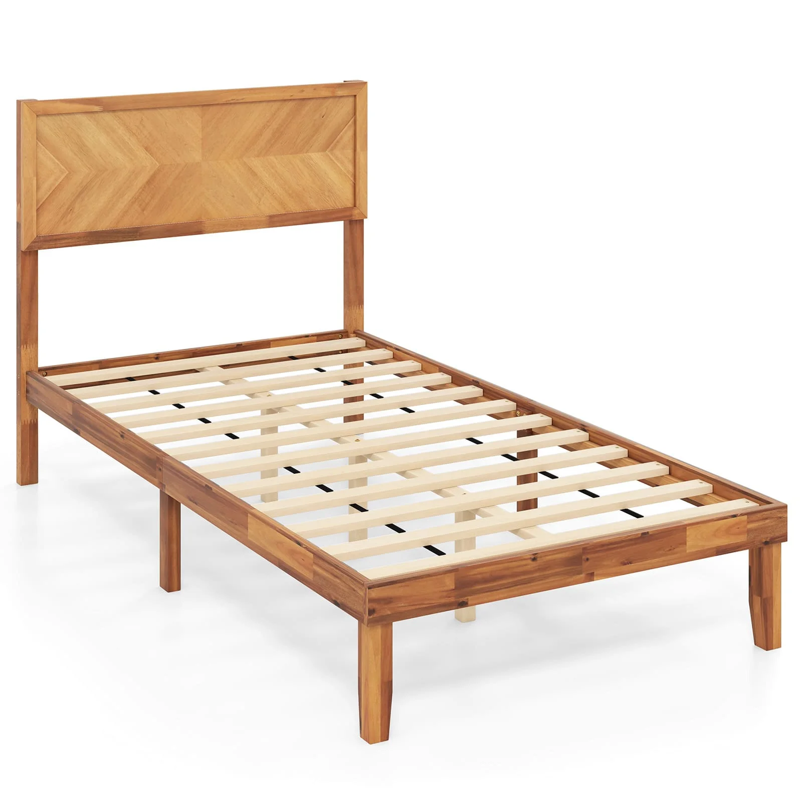 GOFLAME King Size Bed Frame Acacia Wood Platform Bed w/Headboard-Caramel