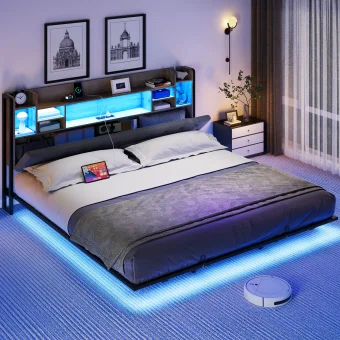 Balconera Super King Bed Frame - LED Headboard with USB Charging, Metal Platform & 2 Storage Shelves, No Box Spring, Wood Color