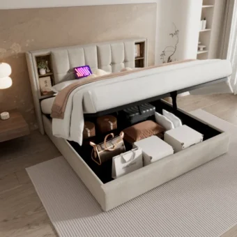 Upholstered Bed Frame with Wireless Charging (USB Type-C), Hydraulic Bed with Large Storage Space, Linen Fabric, Natural