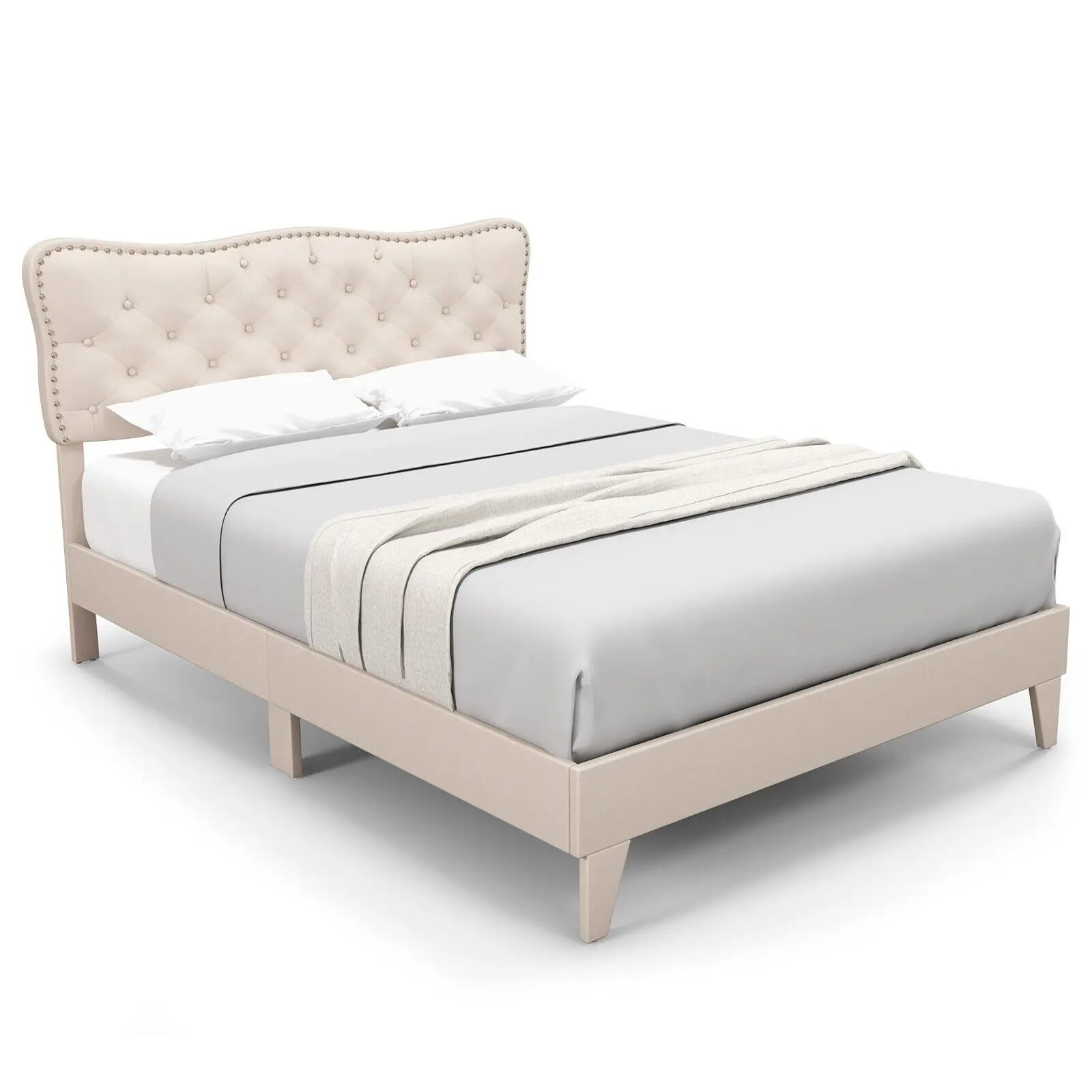 GOFLAME Double Size Bed Frame Wooden Slats Platform Upholstered Button Tufted Headboard