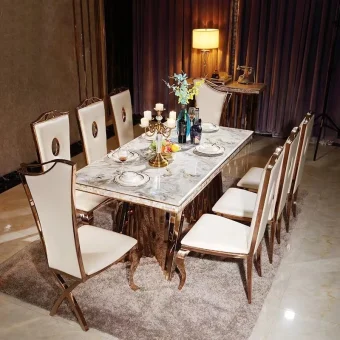 Linlimlam Luxury Dining Set: 6 Stainless Steel Genuine Leather Chair and Rectangle Marble Sea Shell Table kitchen room furniture