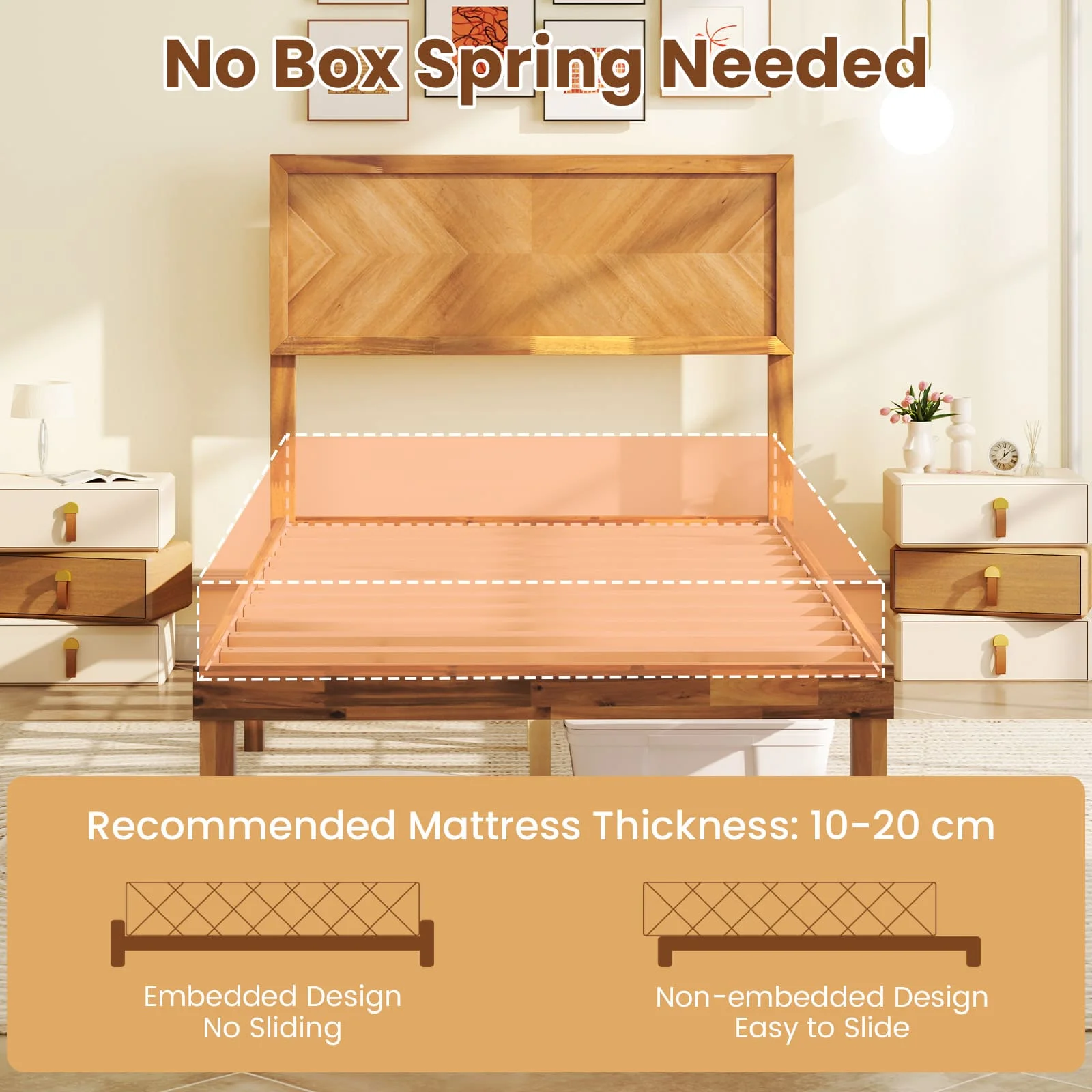 GOFLAME King Size Bed Frame Acacia Wood Platform Bed w/Headboard-Caramel