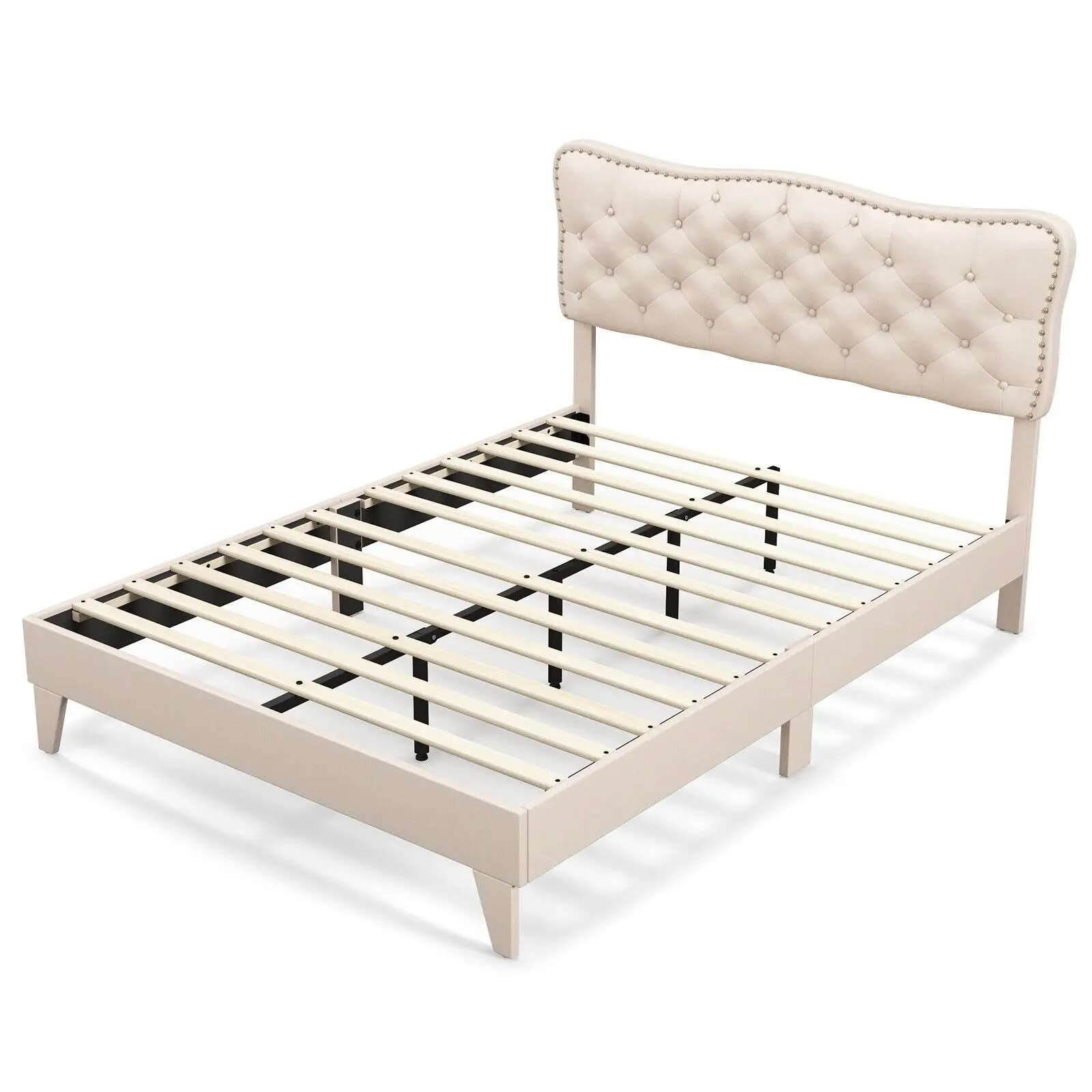 GOFLAME Double Size Bed Frame Wooden Slats Platform Upholstered Button Tufted Headboard