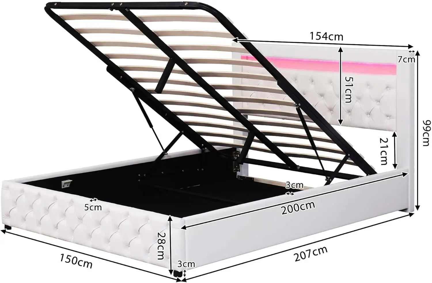 Upholstered Bed, Functional Bed with Slatted Frame and Storage Space LED Lighting in PU (White & 150x200cm)