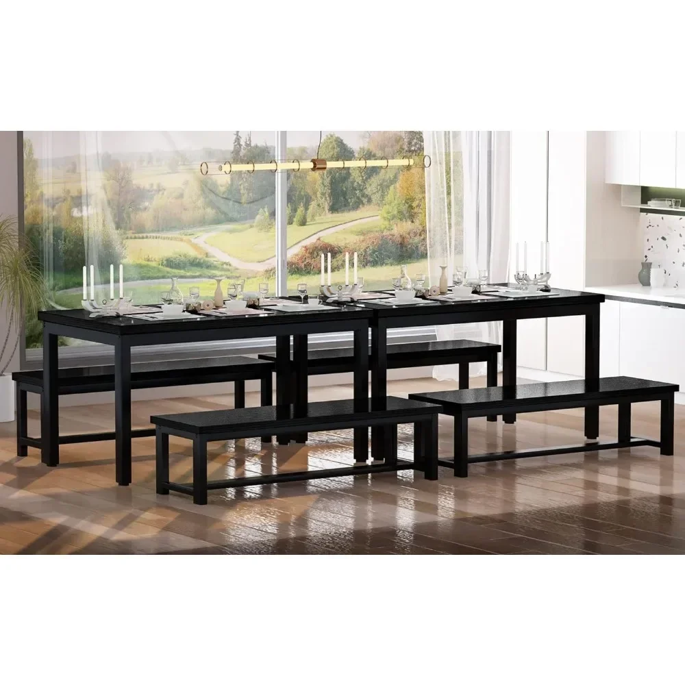 4-person premium dining table set with 2 benches, metal frame and thick plate, suitable for kitchen and dining, black