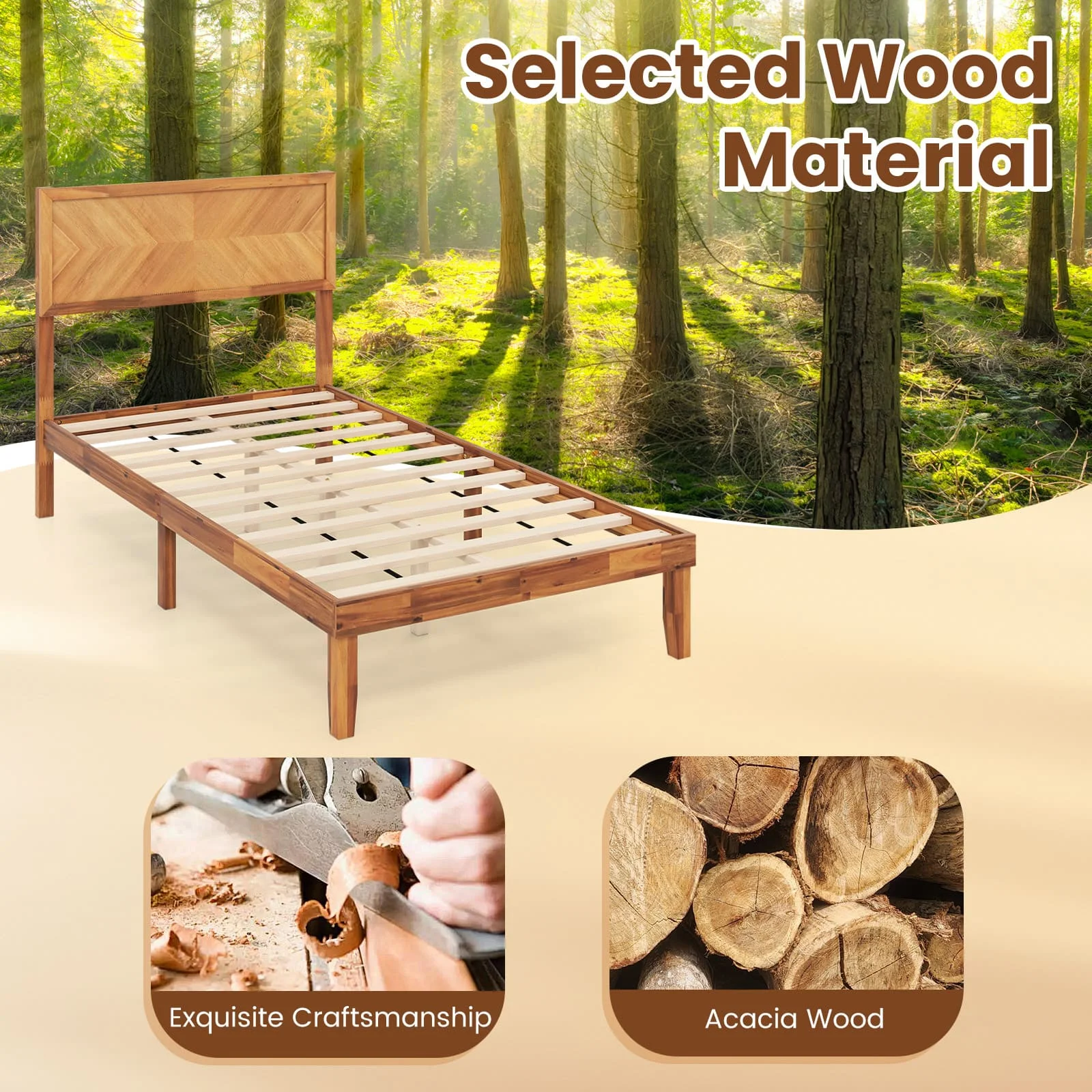 GOFLAME King Size Bed Frame Acacia Wood Platform Bed w/Headboard-Caramel